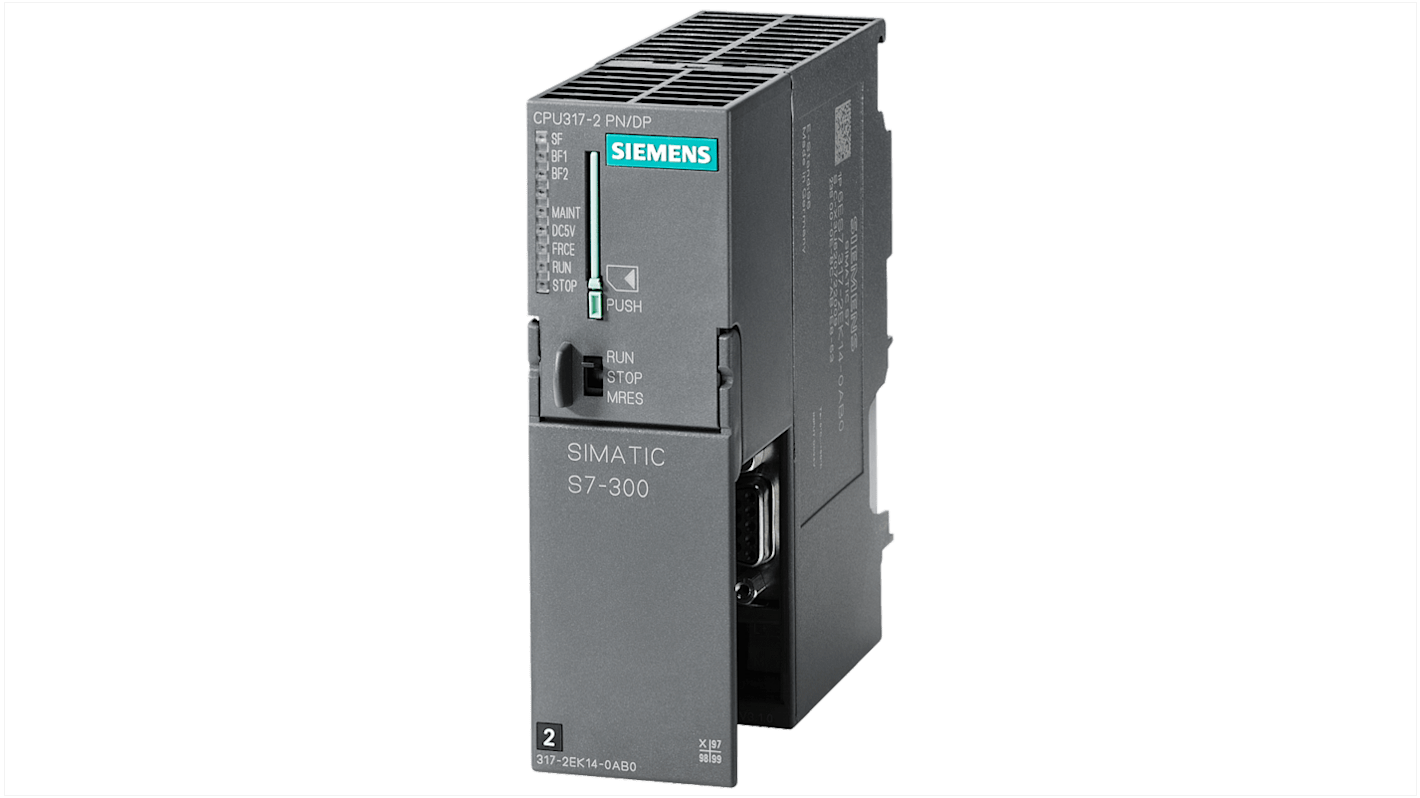 CPU PLC Siemens 6ES7317-2EK14-0AB0 per automazione, 24 V, interfaccia RS 485, dimensioni 125 x 40 x 130 mm.