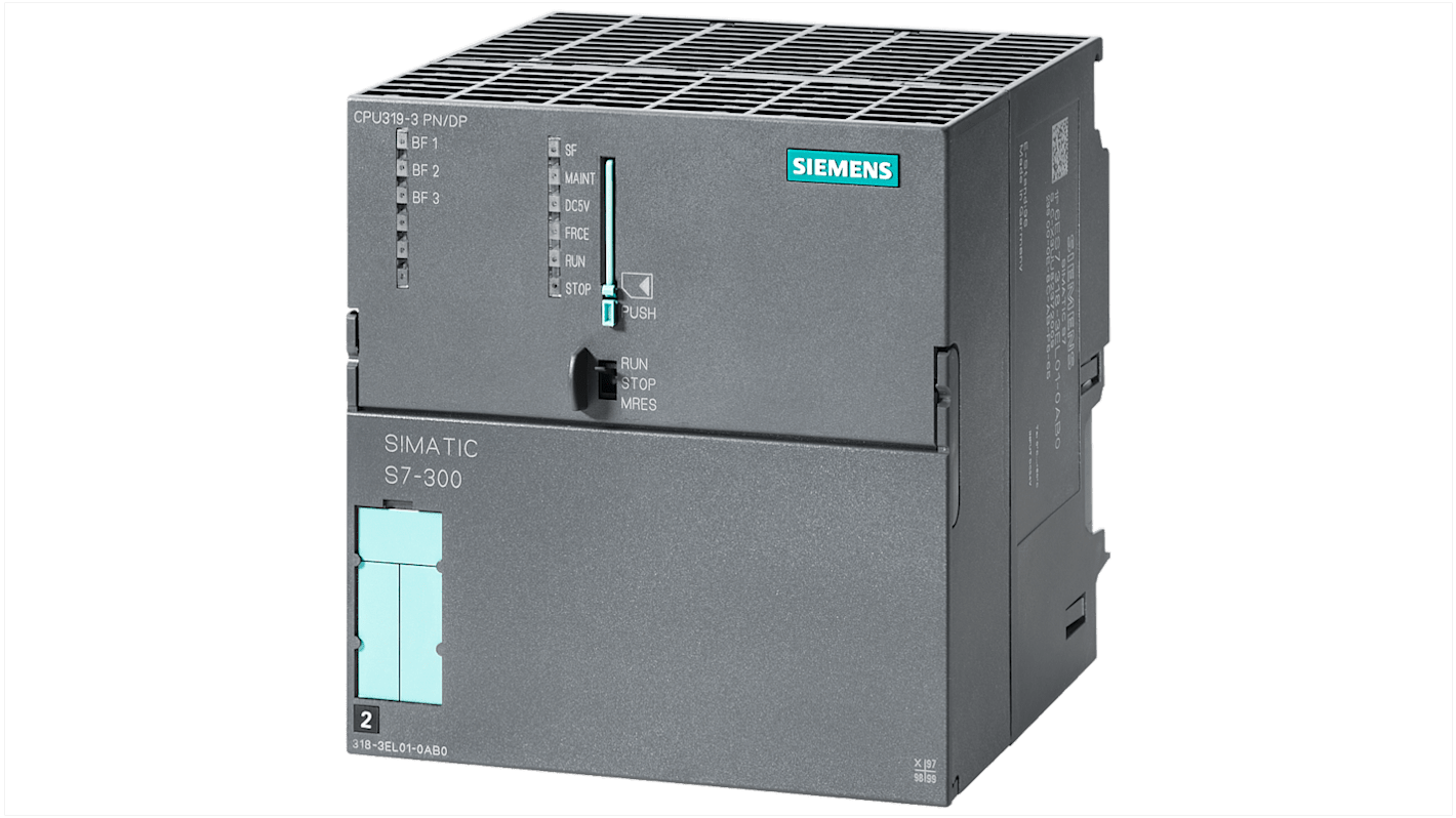 CPU PLC Siemens 6ES7318-3EL01-0AB0, SIMATIC S7-300, 24 V c.c., memoria 2048 kB, dimensioni 125 x 120 x 130 mm.