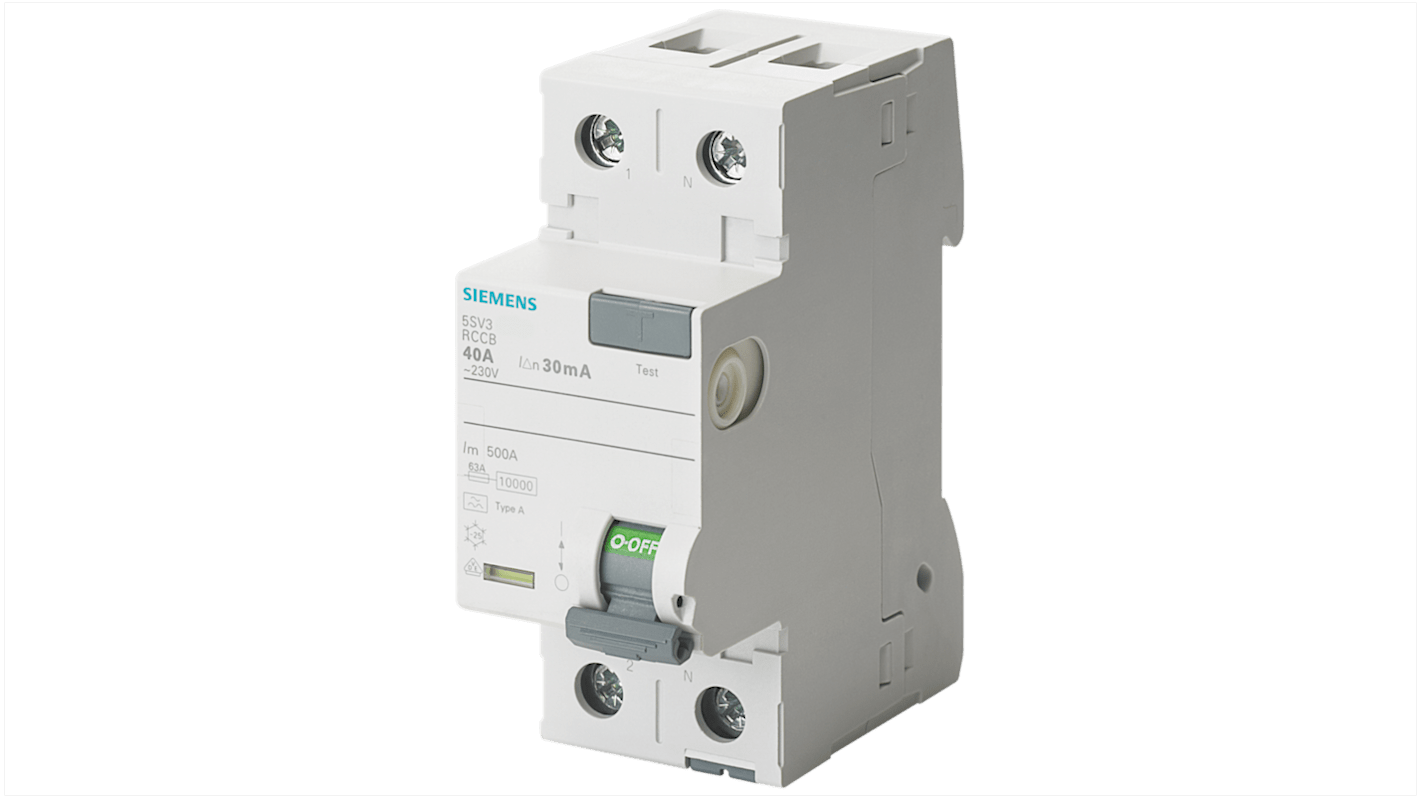 Interruttore automatico a corrente residua Siemens 5SV3316-3, 2 poli, 63A, 30mA, montaggio su guida DIN, classe di protezione IP20.