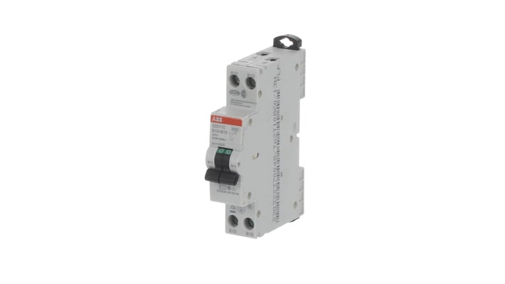 Interruttore magnetotermico ABB Tipo B, 2 poli, 10A, 6 kA, montaggio su guida DIN, dimensioni 18x70x70 mm.