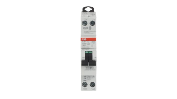Interruttore magnetotermico ABB Tipo C, 2P 20A, montaggio su guida DIN, dimensioni 70mm x 18mm x 70mm, capacità di rottura 6 kA.