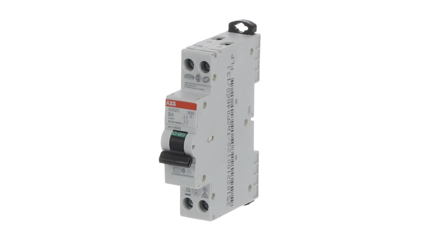 Interruttore magnetotermico ABB Tipo B, 2P 4A, 6 kA, montaggio su guida DIN, larghezza 18 mm, conforme a IEC/EN 60898-1.