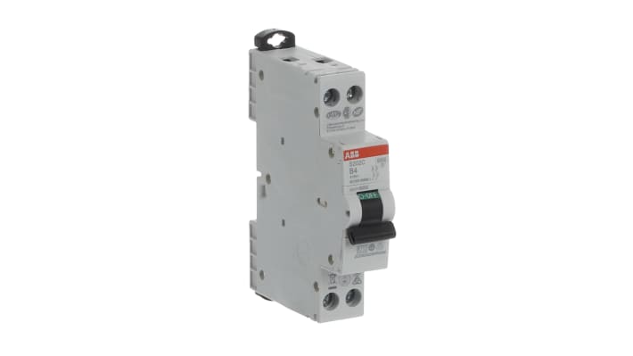 Interruttore magnetotermico ABB Tipo B, 2P 4A, 6 kA, montaggio su guida DIN, larghezza 18 mm, conforme a IEC/EN 60898-1.