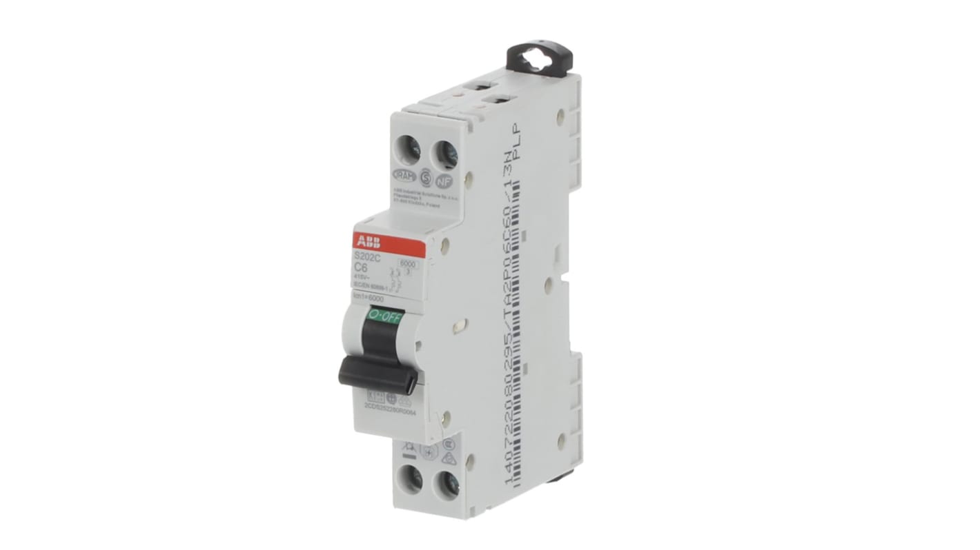 Interruttore magnetotermico ABB Tipo C, 2 poli, 6A, 6 kA, montaggio su guida DIN, dimensioni 18mm x 70mm x 70mm.