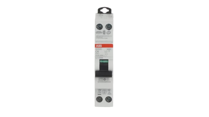 Interruttore magnetotermico ABB Tipo C, 2 poli, 6A, 6 kA, montaggio su guida DIN, dimensioni 18mm x 70mm x 70mm.