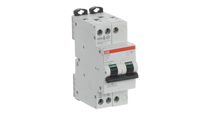 Interruttore magnetotermico ABB 3 poli, 10A, Tipo C, montaggio su guida DIN, dimensioni 70mm x 36mm x 70mm.