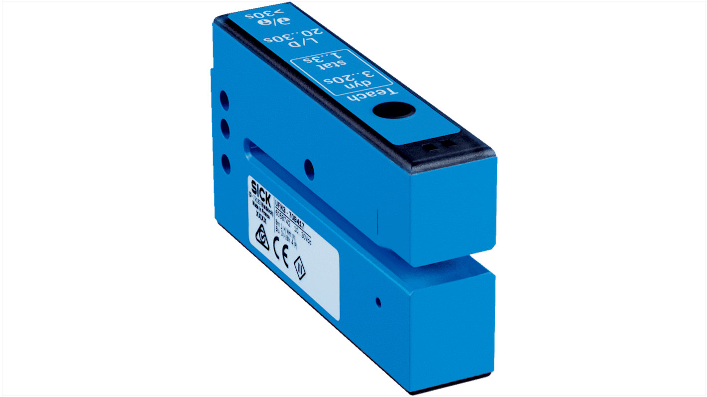 Sensore fotoelettrico PNP Sick UFN3-70P417 per rilevamento etichette, con connettore M8, grado di protezione IP65.