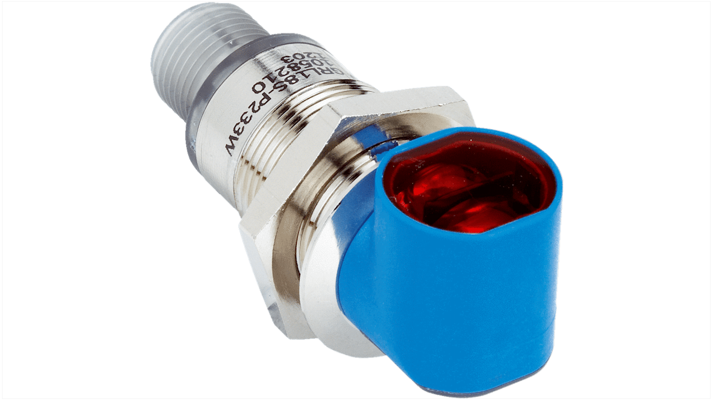 Sensore fotoelettrico cilindrico Sick GRSE18S-F233W, rilevamento fino a 15 m, IP67, connettore M12, temperatura -25/+55 °C.