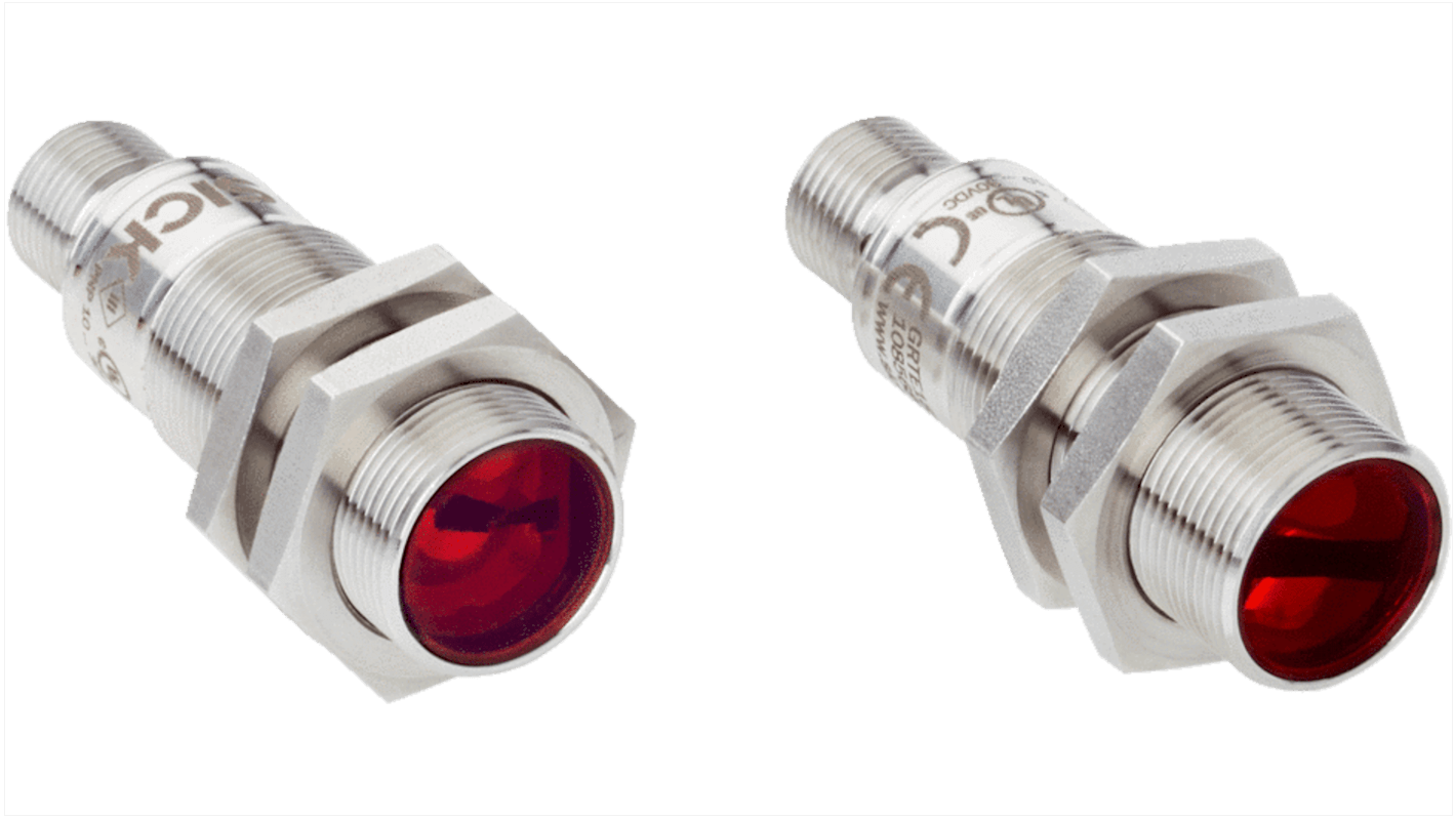 Sensore fotoelettrico cilindrico Sick GRSE18S-P2421V, rilevamento fino a 15 m, connettore M12, grado di protezione IP67/IP68/IP69K.