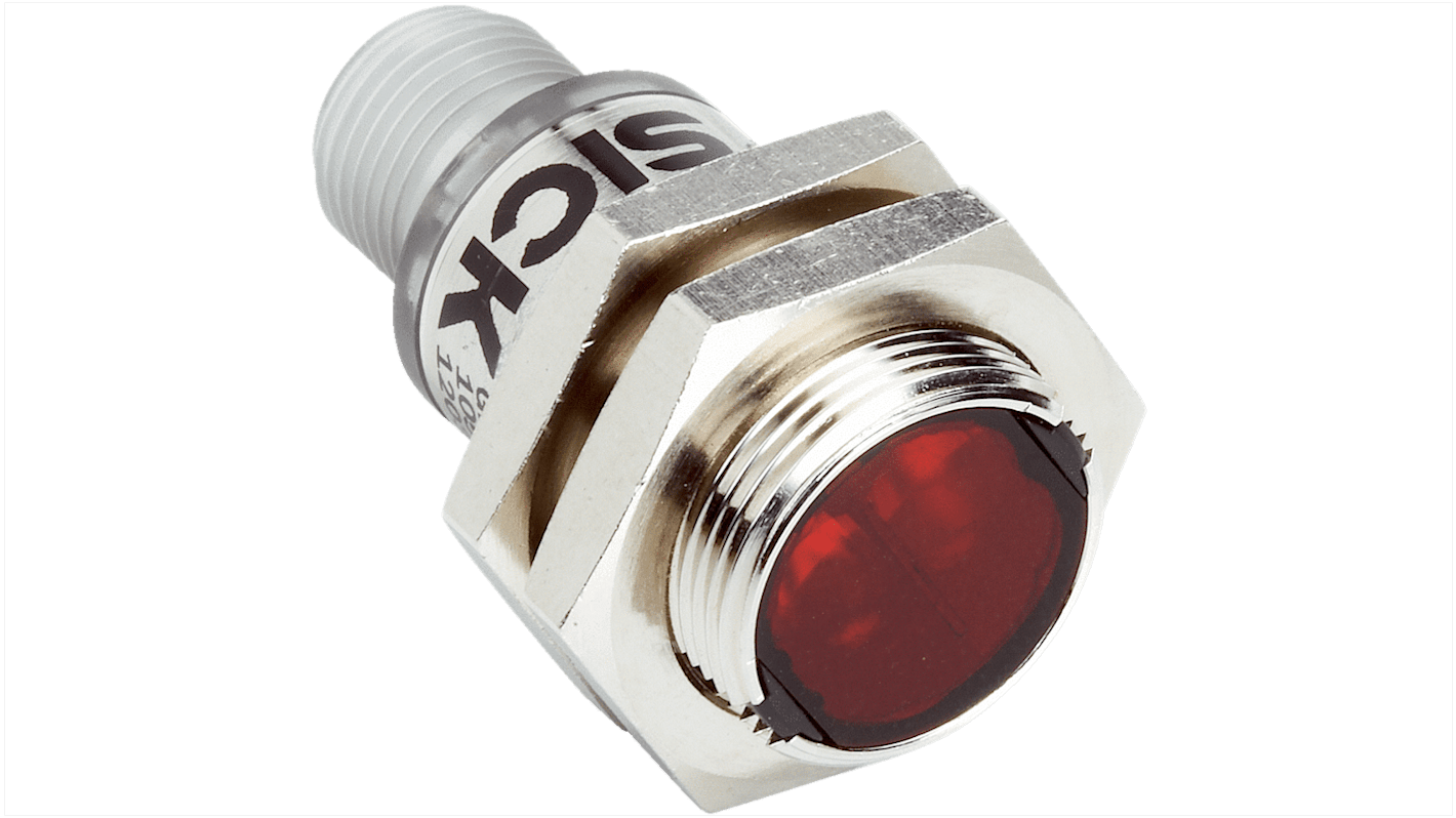 Sensore fotoelettrico cilindrico Sick GRSE18S-P2422, rilevamento fino a 15 m, uscita PNP, IP67, connettore M12, temperatura -25/+55 °C.