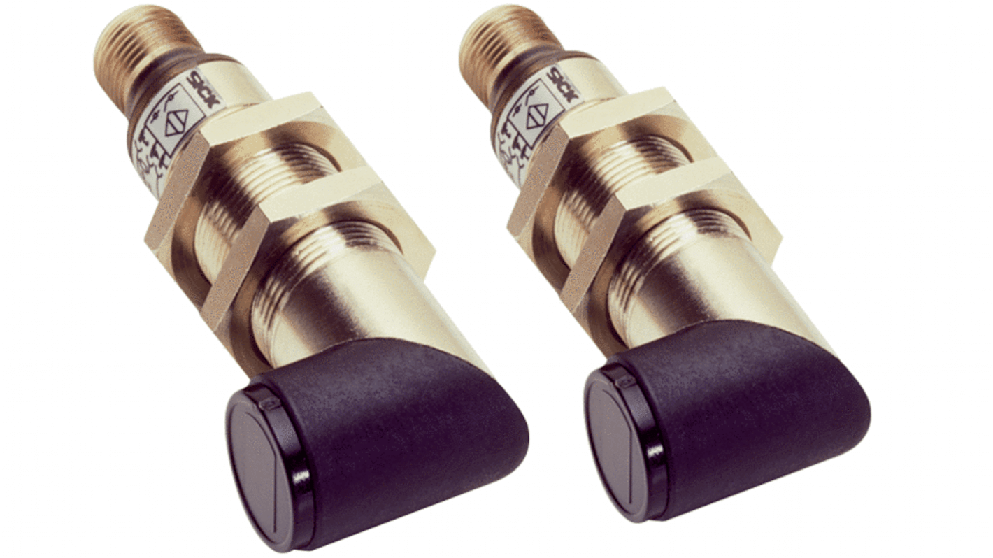 Sensore fotoelettrico cilindrico Sick VS/VE18-4P3412, rilevamento a 20 m, uscita PNP, grado di protezione IP67, temperatura -25/+70 °C.