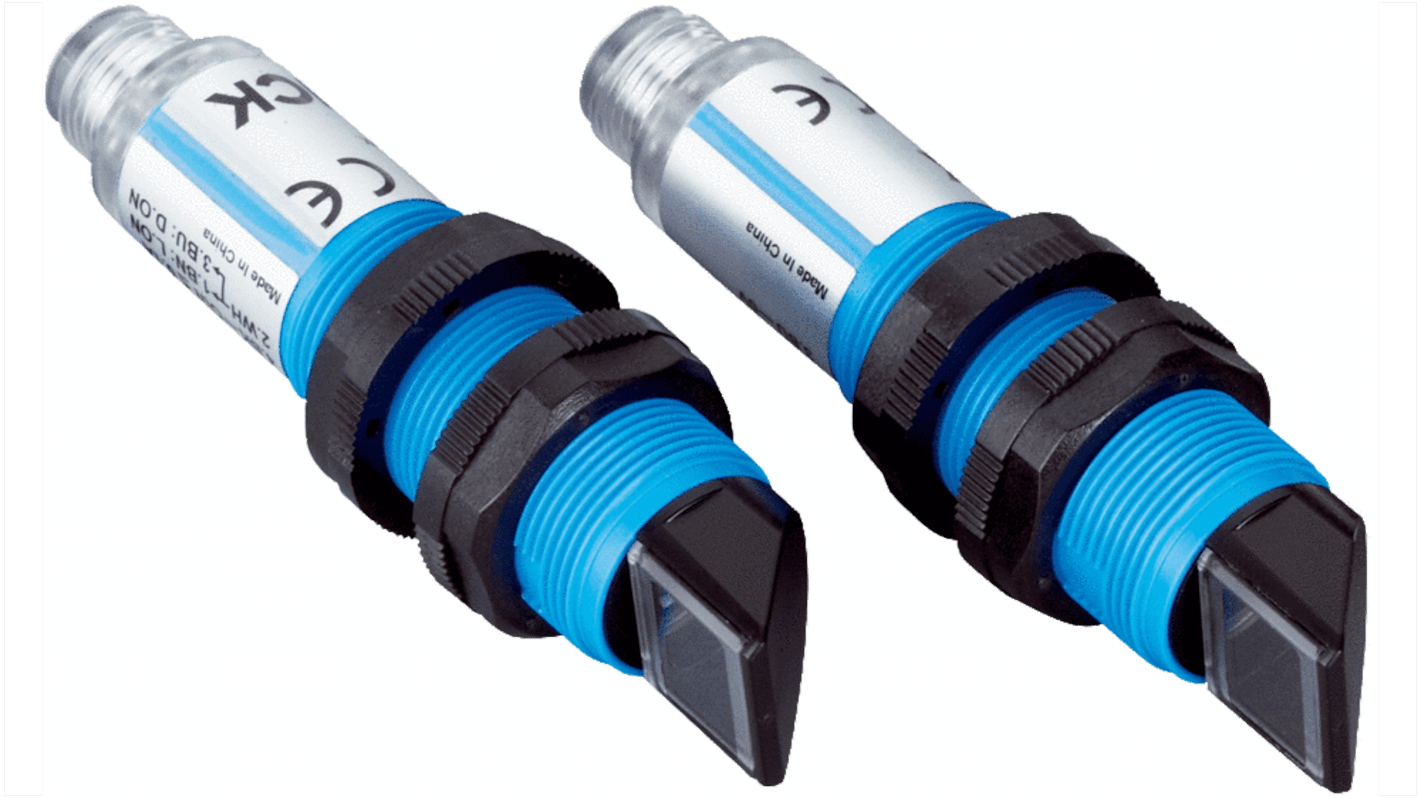 Sensore fotoelettrico cilindrico Sick VSE180-2P42439, rilevamento fino a 25 m, uscita PNP, IP67, temperatura -25/+55 °C.