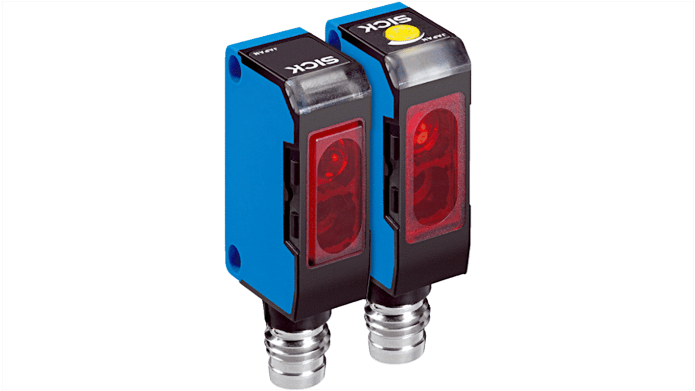 Sensore fotoelettrico Sick WS/WE150-P430, rettangolare, rilevamento fino a 4,4 m, IP67, connettore M8 a 4 pin, temperatura -25/+55 °C.