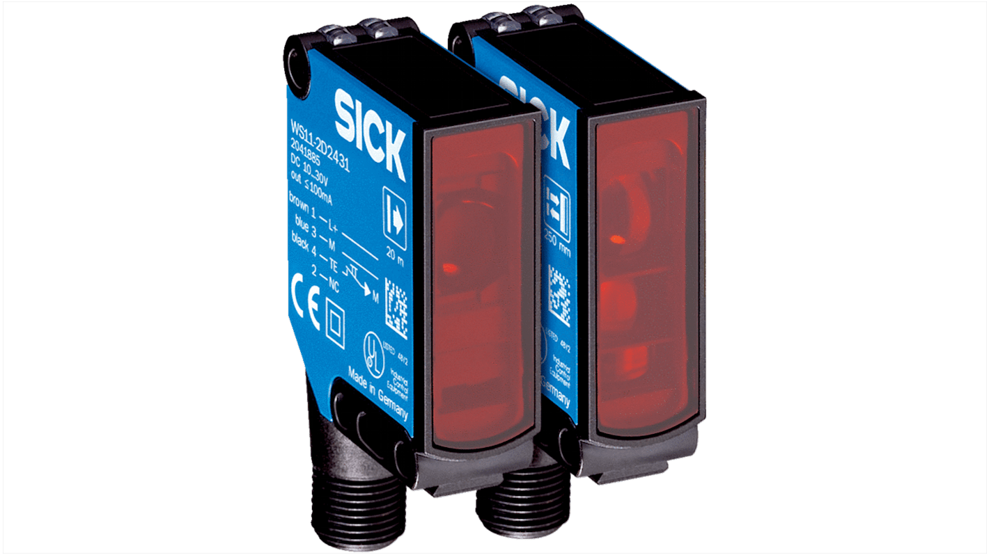 Sensore fotoelettrico rettangolare Sick WSE11-2P2430, rilevamento fino a 20 m, uscita PNP, grado di protezione IP66/IP67/IP69K.