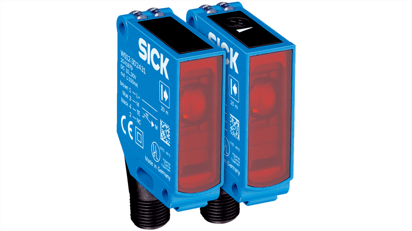 Sensore fotoelettrico rettangolare Sick WSE12-3N2431, rilevamento fino a 20 m, uscita NPN, grado di protezione IP66/IP67/IP69K.