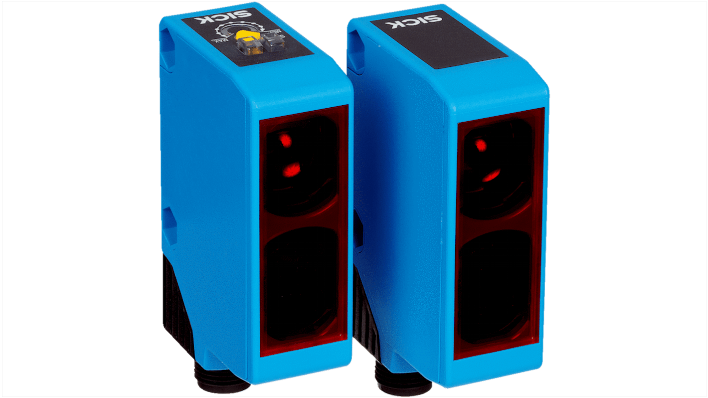 Sensore fotoelettrico Sick WSE250-2N2431, rettangolare, rilevamento fino a 50 m, uscita NPN, IP67, montaggio con staffa in acciaio inox.