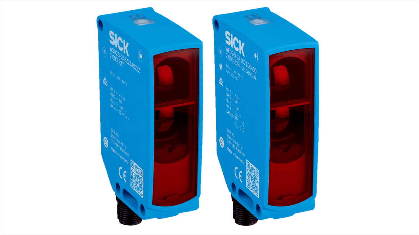 Sensore fotoelettrico Sick WSE26I-24162100A00, rettangolare, rilevamento fino a 60 m, uscita NPN/PNP, IP69, temperatura -40/+60 °C.