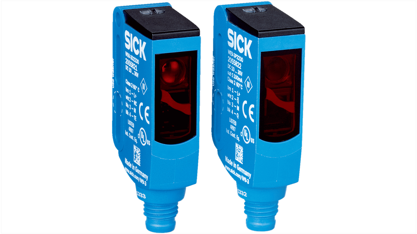 Sensore fotoelettrico Sick WSE9-3N2230, rettangolare, rilevamento 0-1 m, uscita NPN, IP66/IP67/IP69K, temperatura -40/+60 °C.