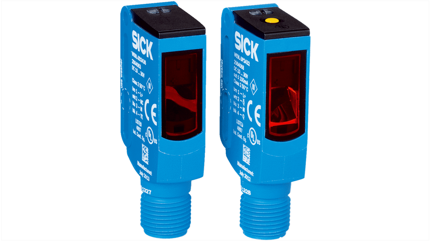 Sensore fotoelettrico Sick WSE9L-3P2437, rettangolare, rilevamento fino a 60 m, uscita PNP, grado di protezione IP66/IP67/IP69K.