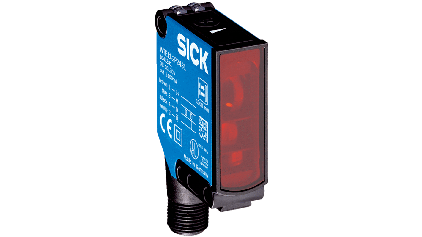 Sensore fotoelettrico rettangolare Sick WTE11-2N1132, NPN, rilevamento 40 mm a 1 m, IP66/IP67, temperatura -30 a +60 °C.