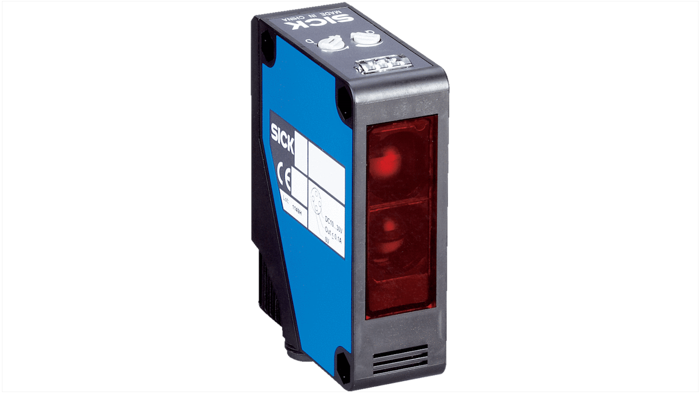 Sensore fotoelettrico rettangolare Sick WTE280-2P2431, PNP, rilevamento 10 mm a 2 m, IP66/IP67, connettore M12, staffa in acciaio inox inclusa.