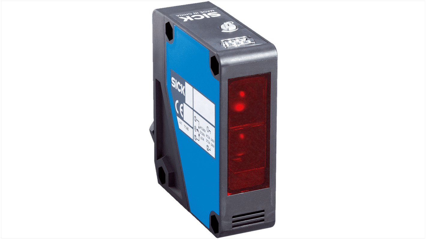 Sensore fotoelettrico rettangolare Sick WTE280-2R4331, rilevamento da 10 mm a 2 m, uscita relè, grado di protezione IP66/IP67.