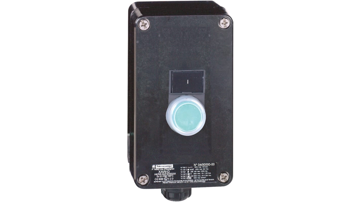 Pulsante di controllo Schneider Electric XAWG100EX, IP65, con 1 contatto NA, dimensioni 85mm x 70mm, operante da -20 a +60°C.