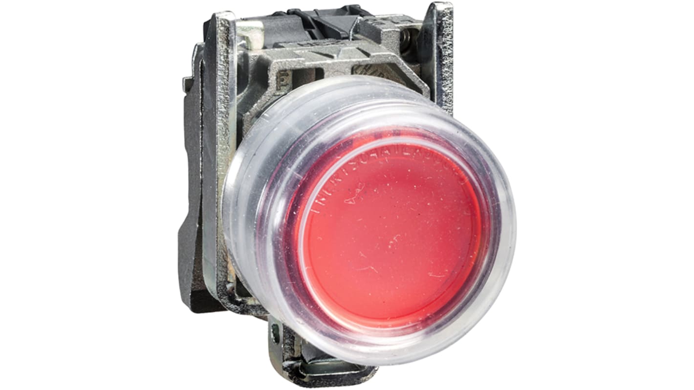 Pulsante SPST rotondo Schneider Electric XB4BP482EX, diametro 22 mm, rosso, con cornice cromata e grado di protezione IP66.