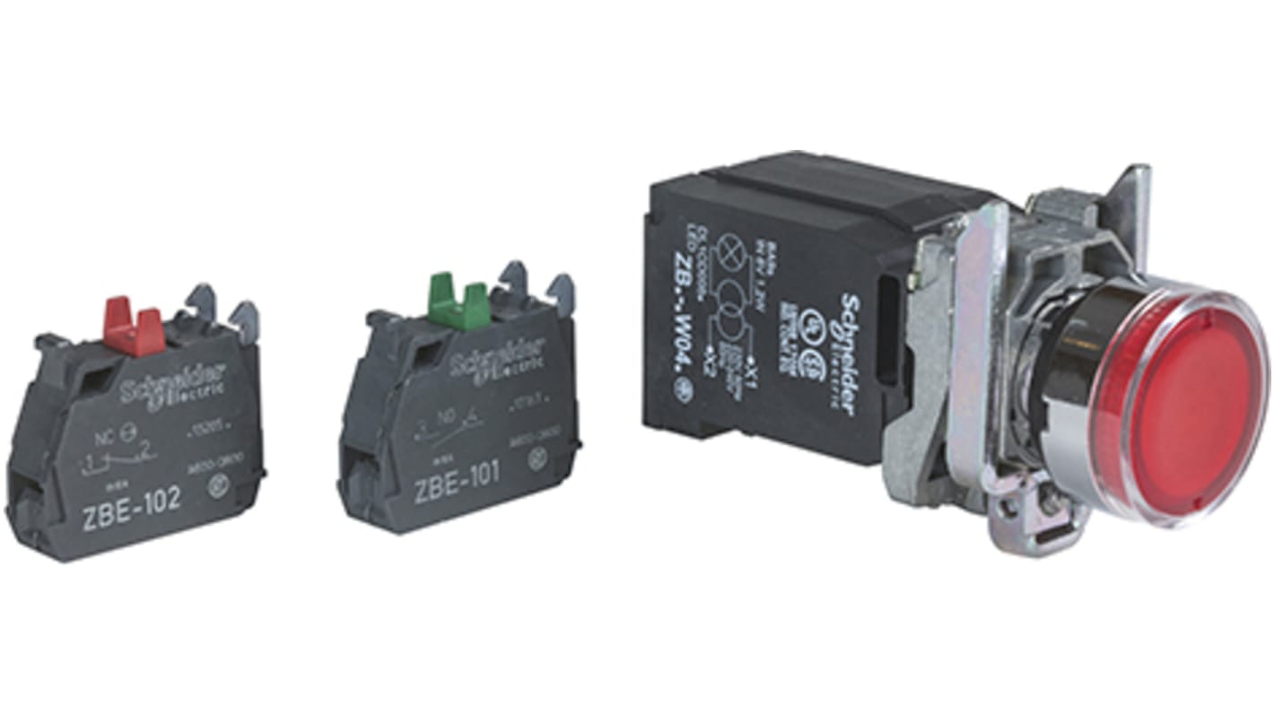 Pulsante SPDT luminoso Schneider Electric XB4BW3445, diametro 22 mm, cornice metallica, grado di protezione IP66.