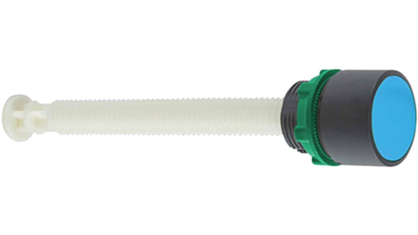 Pulsante Schneider Electric XB5AA861, rotondo, blu, attivazione 17-120 mm, grado di protezione IP66, cornice grigio scuro.
