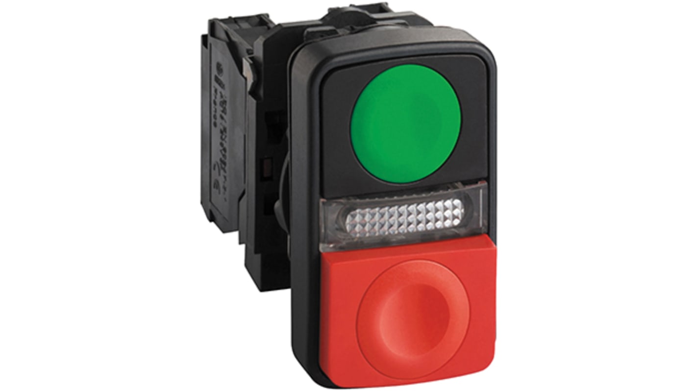 Interruttore a pulsante illuminato Schneider Electric XB5AW73731G5, SPDT, con teste verde e rossa, grado di protezione IP66.