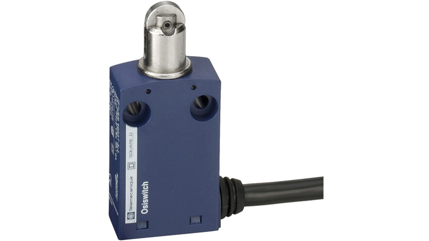 Interruttore di fine corsa a rotella Telemecanique Sensors XCMN2102L8, 1NC/1NA, cavo 8 m, grado di protezione IP65.