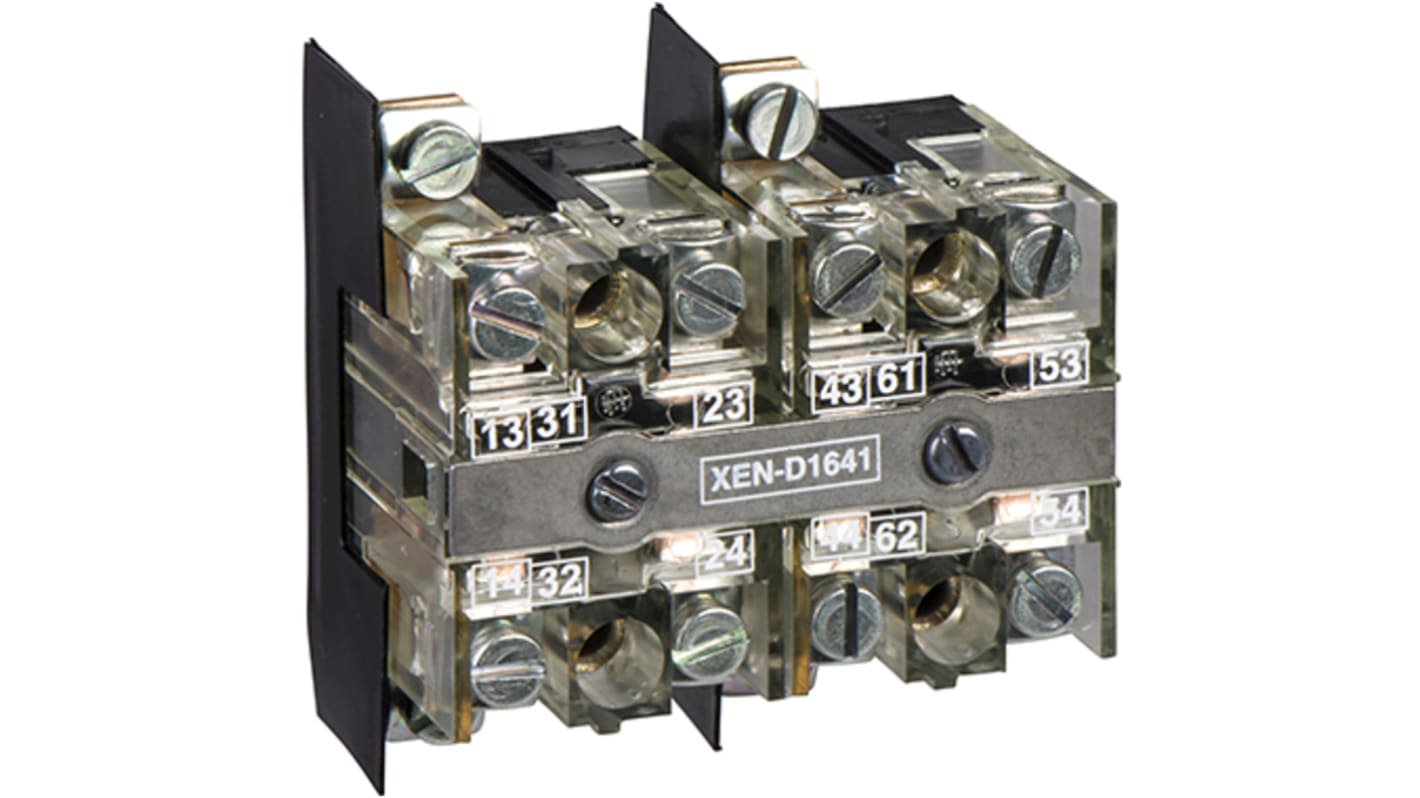 Blocco contatti Schneider Electric XEND2641, 1 C/O + 1 NA, montaggio anteriore, tensione 230V, centri 40 mm, terminali a vite.