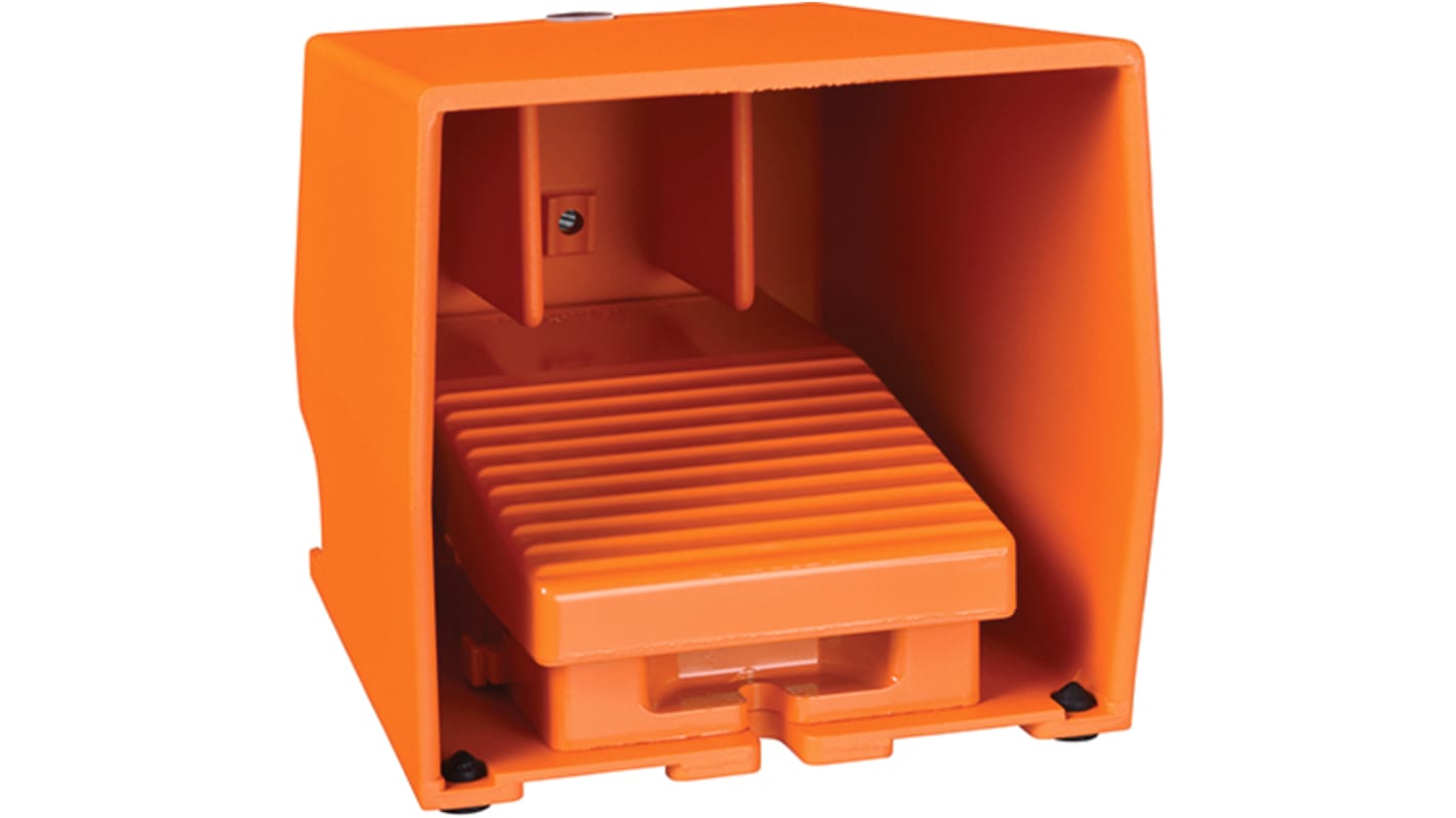 Interruttore a pedale momentaneo Schneider Electric XPER311, 2NC+2NO, IP66, 240V, 3A, telaio metallico, colore arancione.
