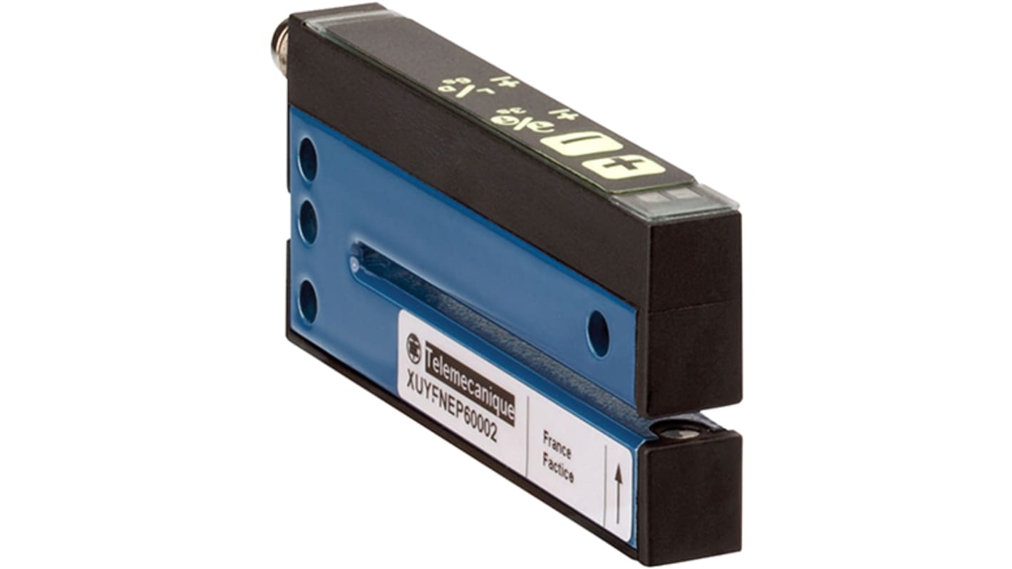 Sensore fotoelettrico a forcella Telemecanique Sensors XUYFNEP60005, rilevamento 0-15 mm, uscita PNP/NPN, IP65, dimensioni 5x59 mm.