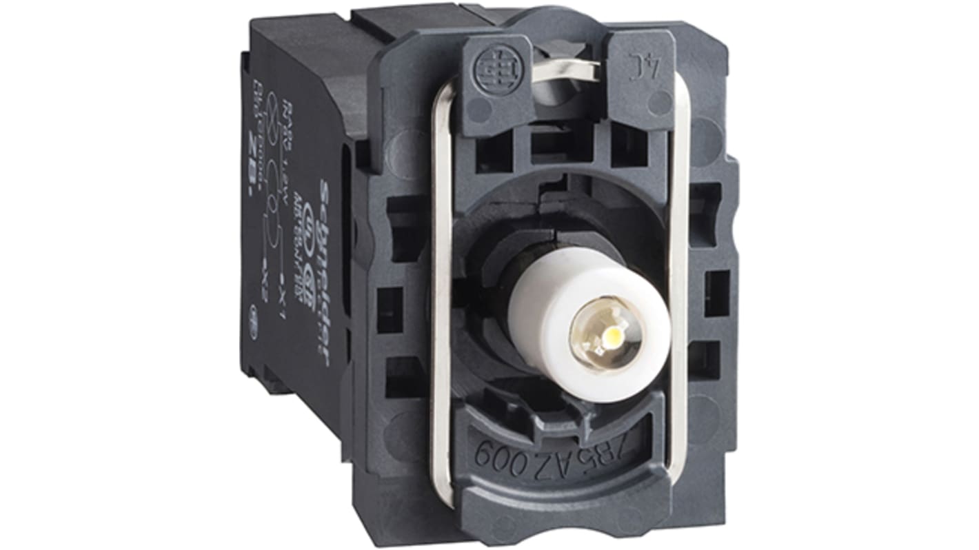 Blocco contatti luminoso LED bianco Schneider Electric, tensione 230-240V, con terminali a vite e corpo in plastica.