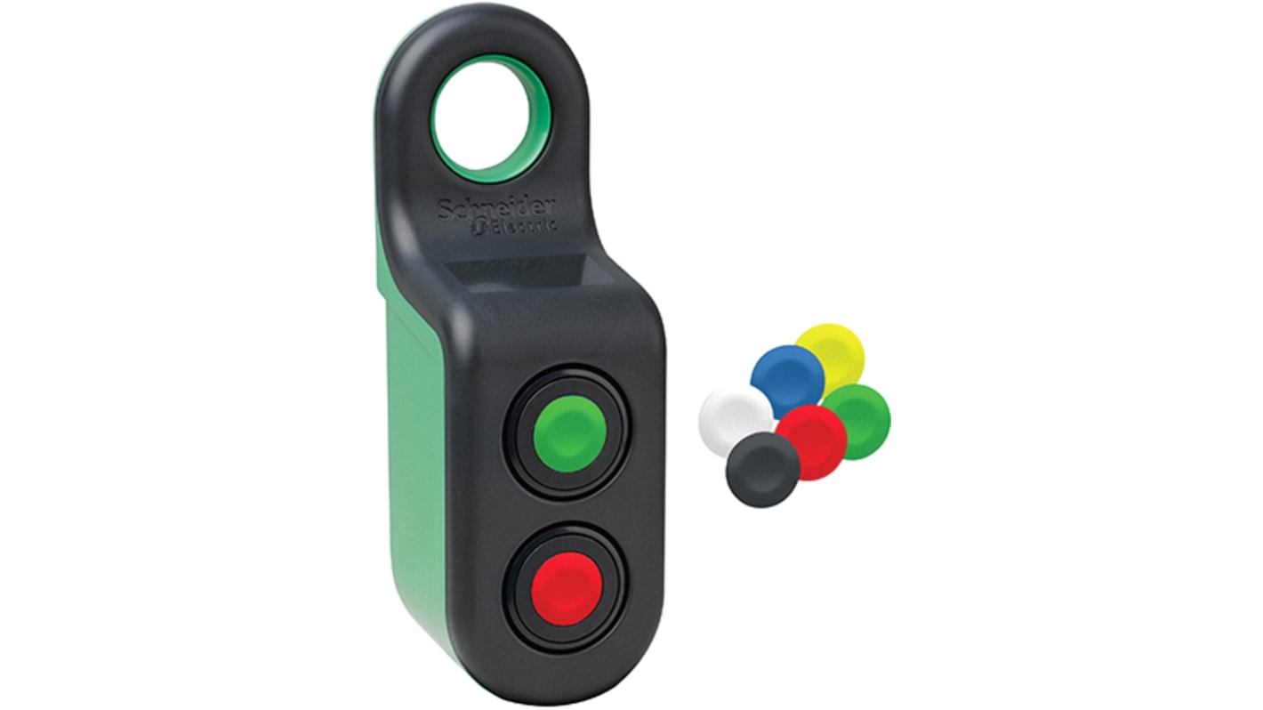 Pulsante di controllo wireless Schneider Electric ZBRM22B0, IP65, con 2 pulsanti rotondi, diametro foro 22 mm, operatività da -25 a +55 °C.