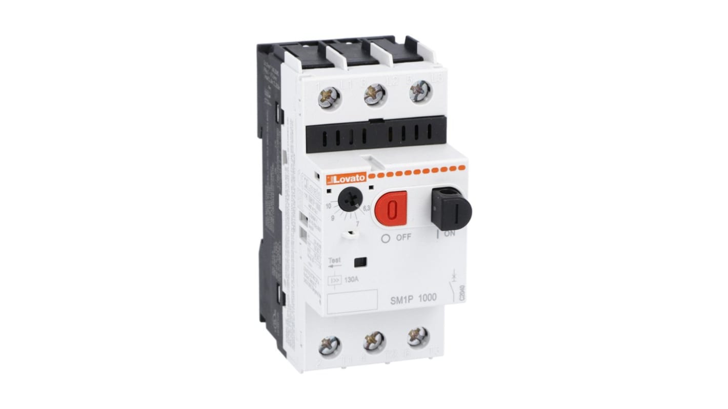 Interruttore automatico Lovato SM1P1000 per motori, 10 A, 400 V, con rilascio termico e magnetico, 3 ingressi.