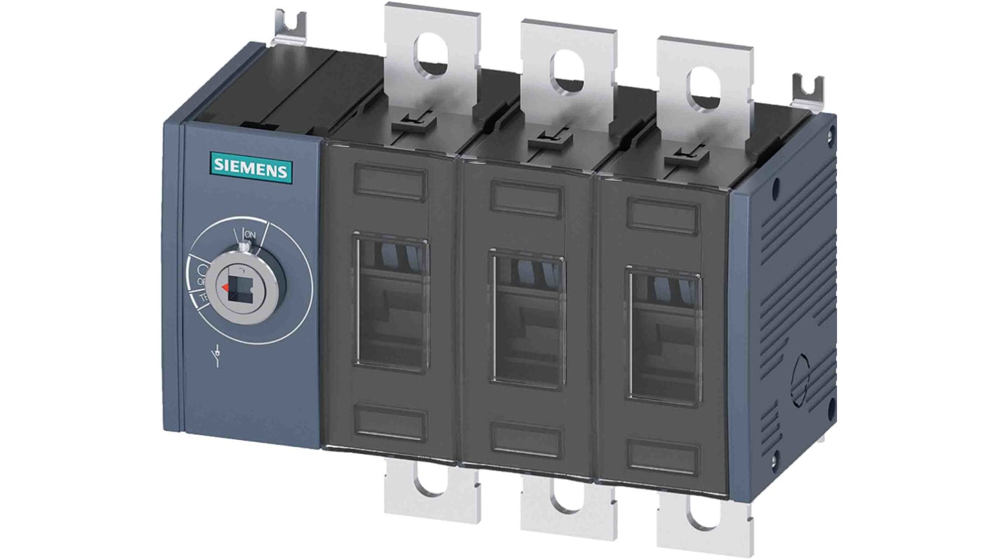Sezionatore Siemens SENTRON 3KD, interruttore a tre poli, corrente continua 315A, montaggio fisso, fusibile integrato.
