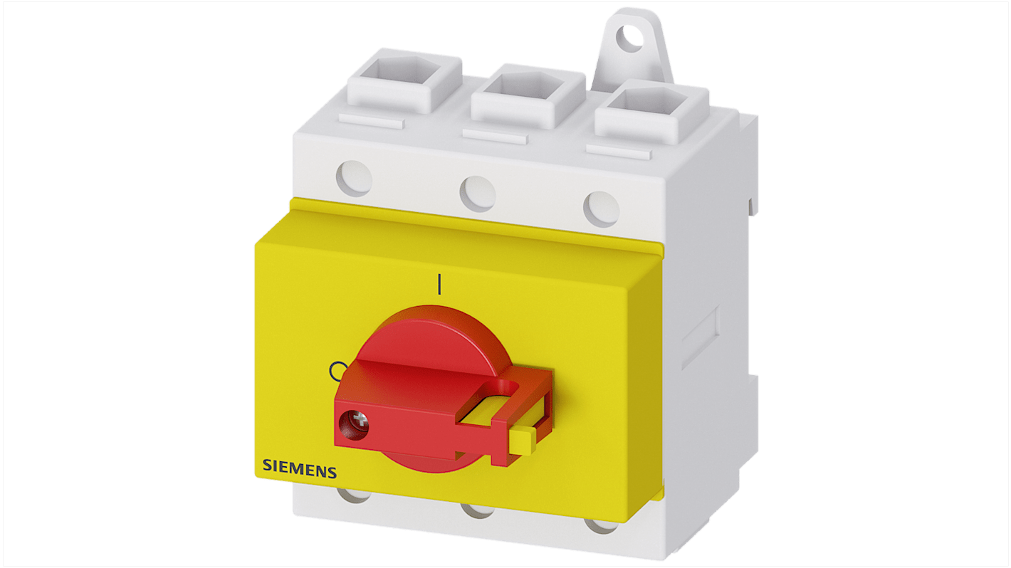 Sezionatore interruttore Siemens SENTRON 3LD, 125A, tre poli, montaggio su guida DIN, fusibile integrato.