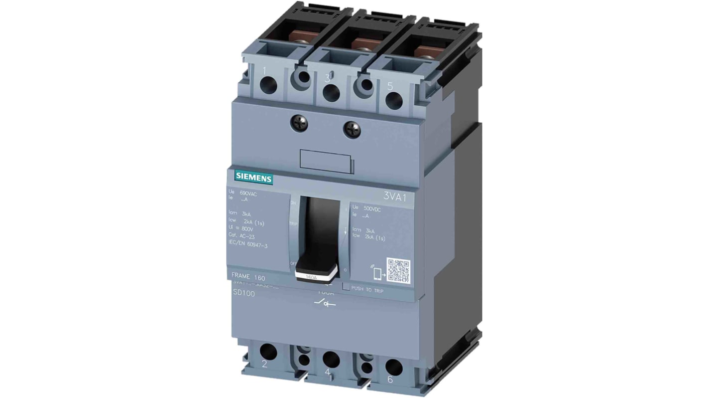 Interruttore di isolamento Siemens 3VA1163-1AA32-0AA0, 3 poli, 63A, protezione IP40, per applicazioni industriali.