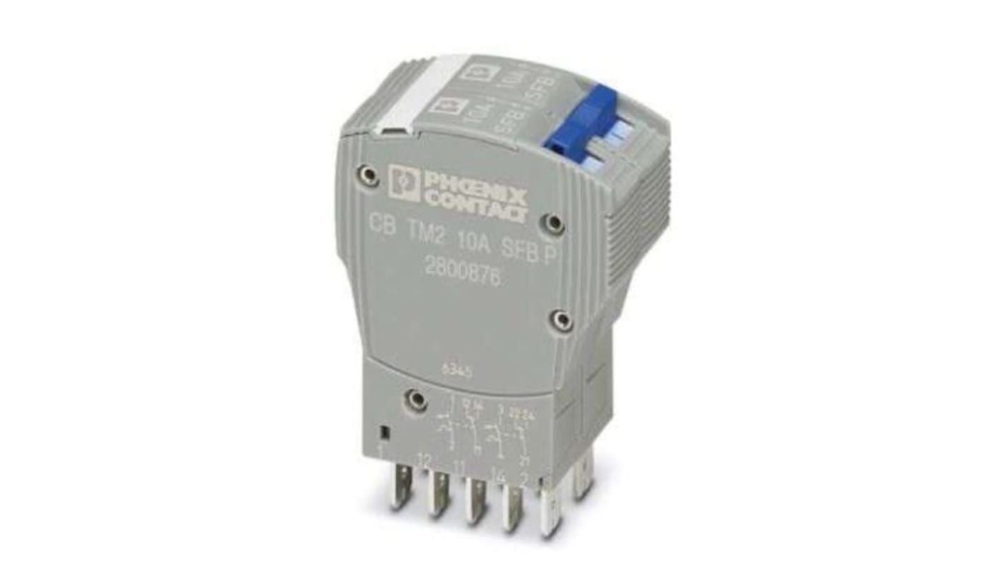 Interruttore termico 2 poli Phoenix Contact 2800876, 10A, 80V cc, monitoraggio remoto, larghezza 24.6mm, grado di protezione IP30.