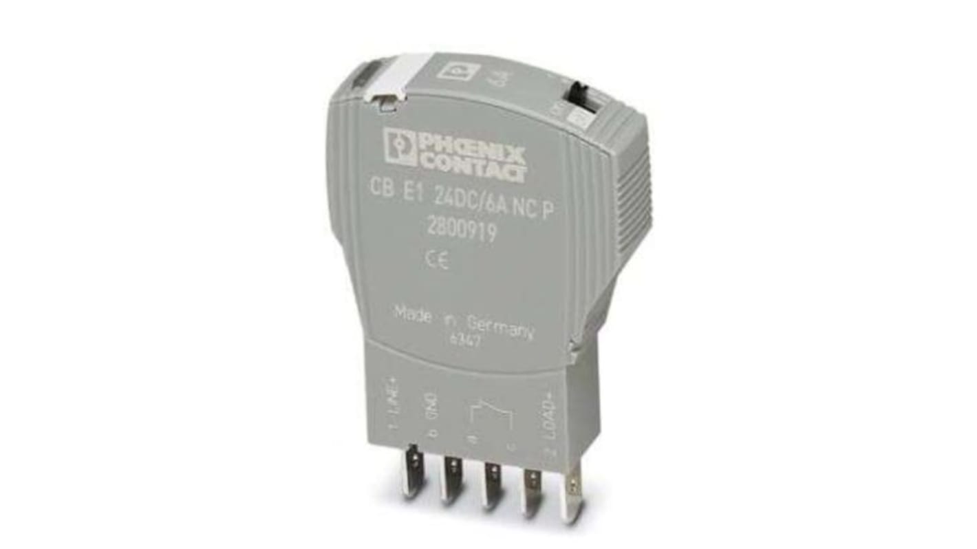 Interruttore elettronico di circuito Phoenix Contact, 6A, 24V, design compatto con monitoraggio remoto e reset telecomandato.