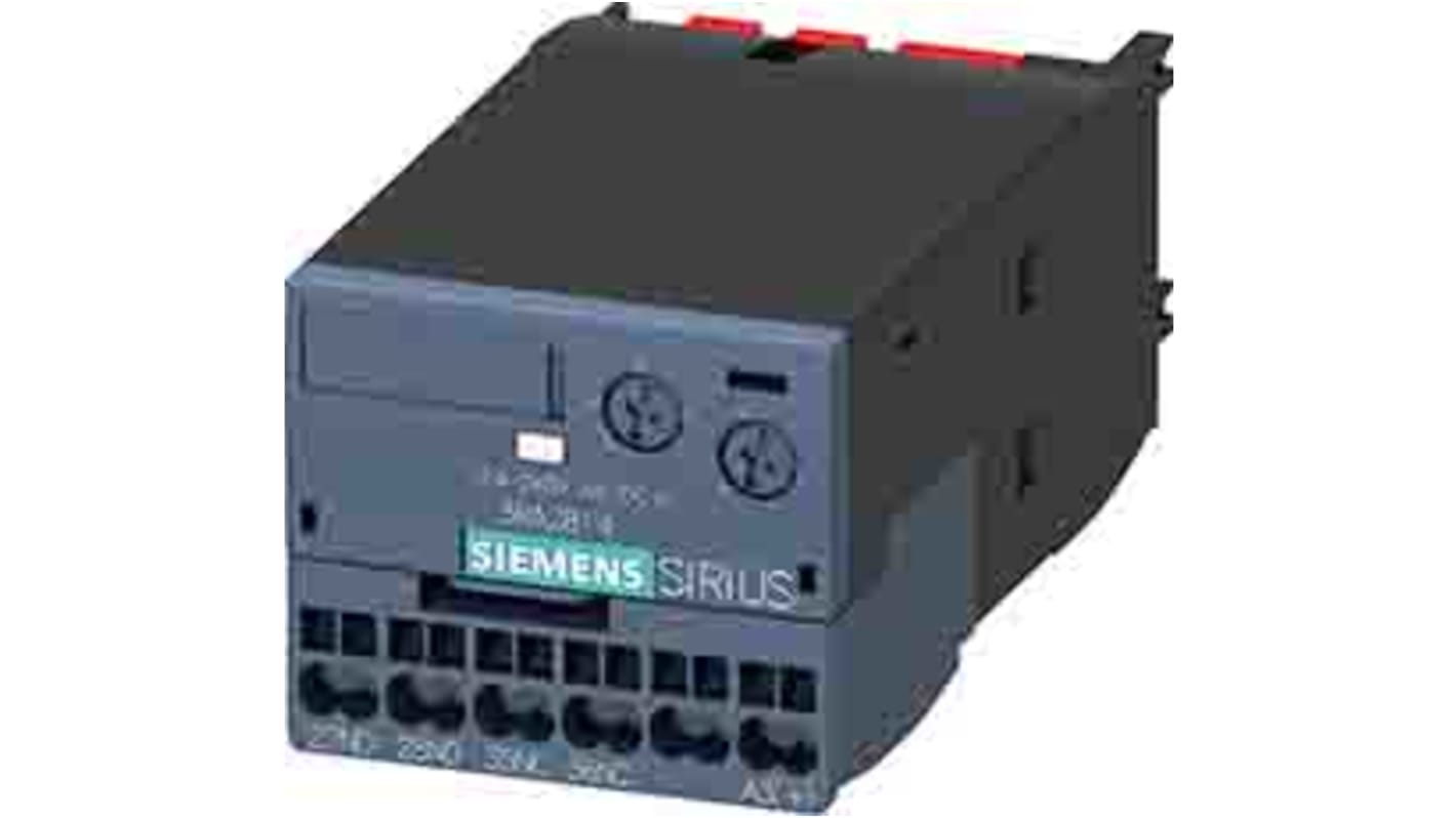 Interruttore ausiliario temporizzato Siemens 3RA2813-1FW10, SPDT, ritardo 0,05-100s, montaggio a clip, tensione 24-240 V.