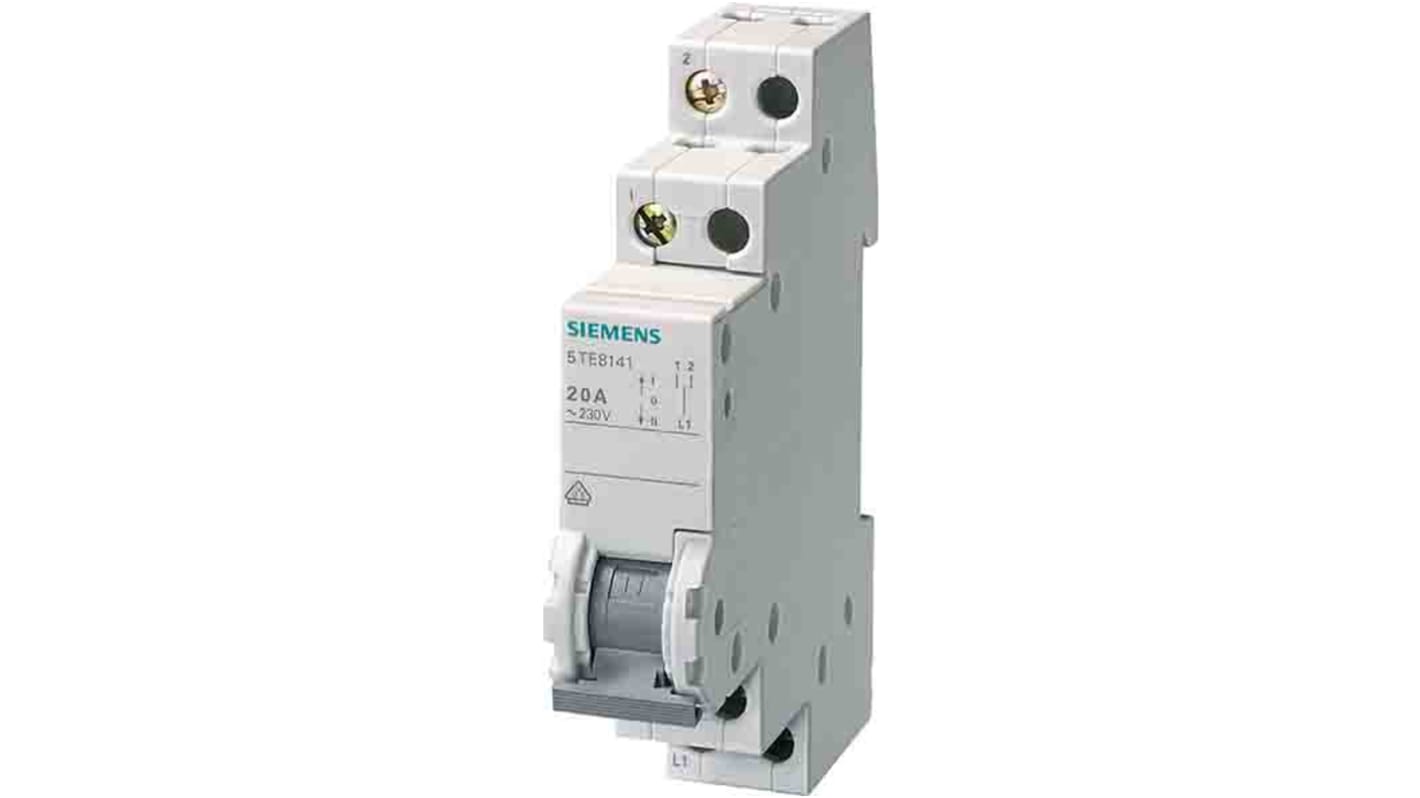 Interruttore di isolamento Siemens 5TE8142, 1P, 20A, per guida DIN, montaggio semplice, design integrato per armadietti di controllo.
