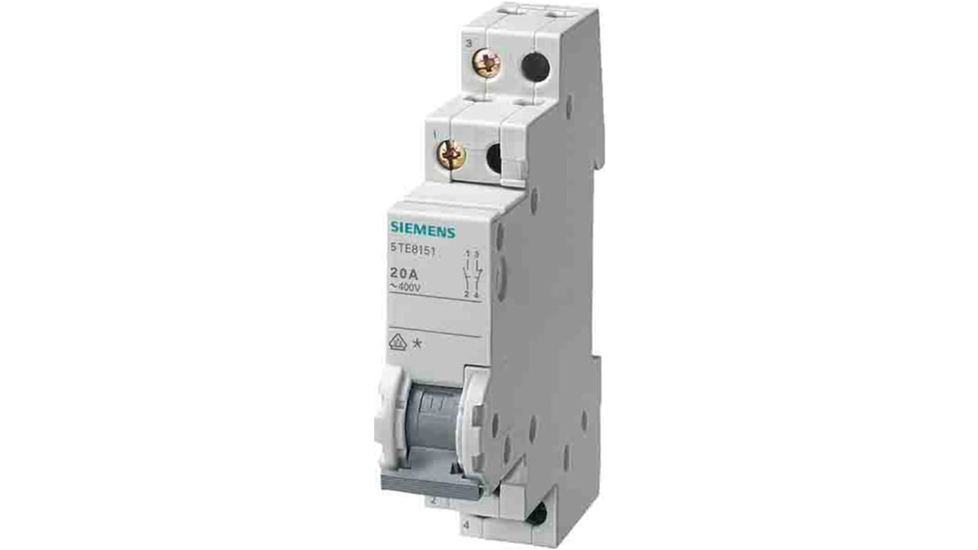 Interruttore di isolamento Siemens 5TE8162, 1P, 2CO, 20A, montaggio su guida DIN, per controllo impianti elettrici.