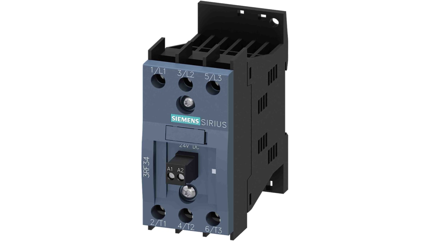 Contattore a stato solido Siemens 3RF3405-1BB04, 5,2 A, 48-480 V, montaggio su guida DIN, design compatto con dissipatore.