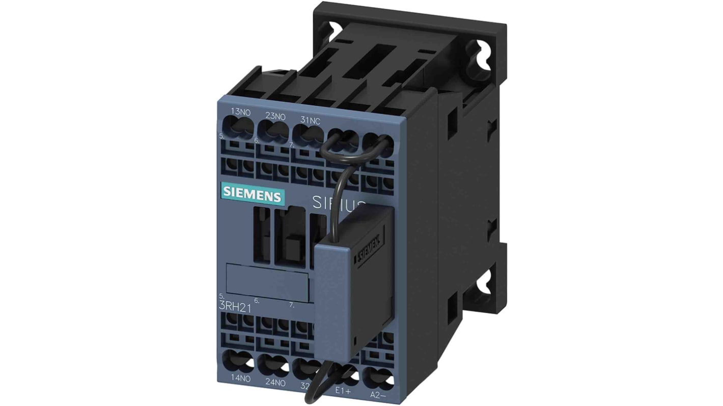 Contattore Siemens 3RH2122-2LF40-0LA0, 1NC + 2NO, 3 A, tensione 110 V c.c., classe di protezione IP20.