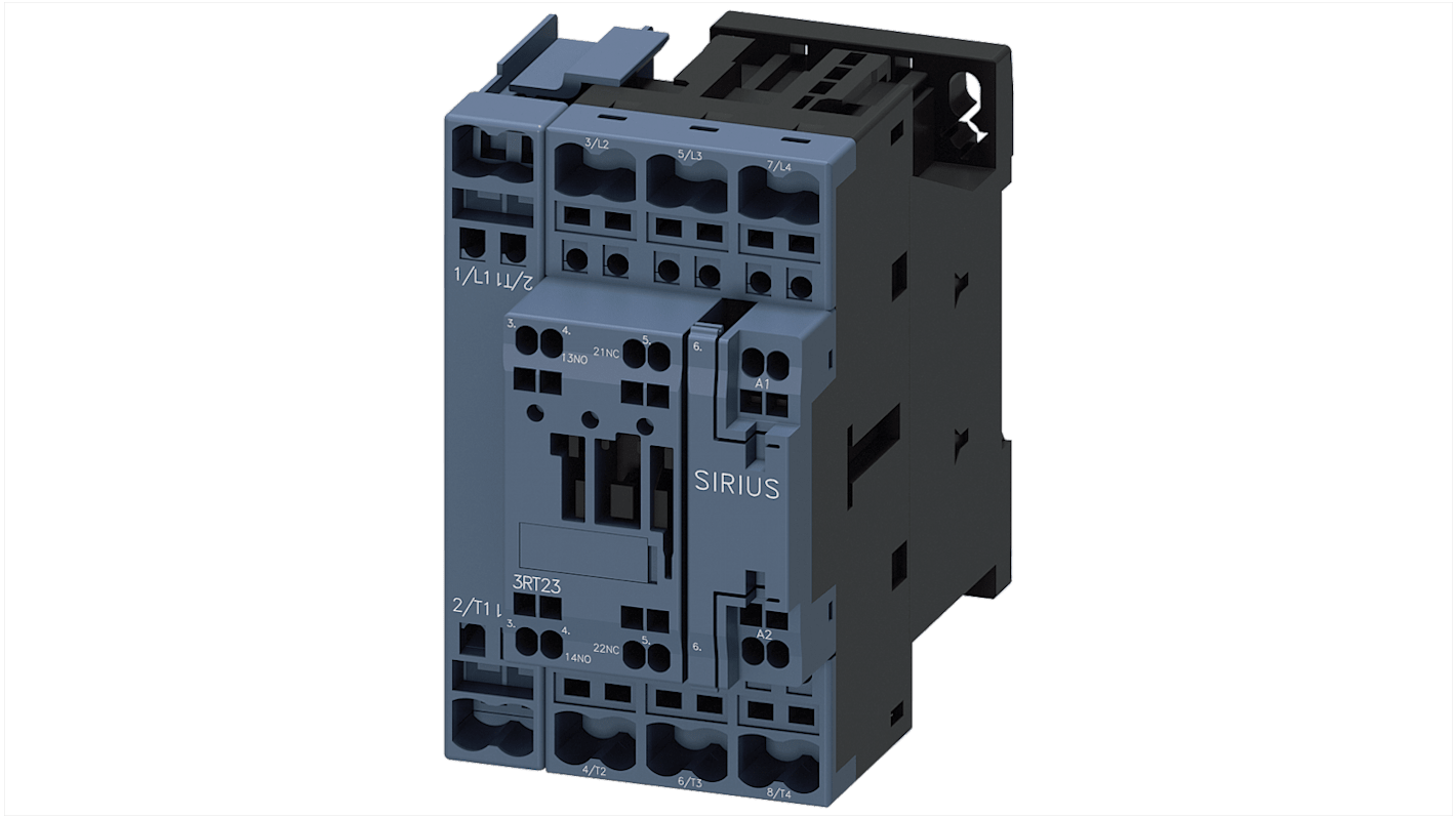 Contattore reversibile Siemens 3RT2325-2AP00, 4 poli, 35 A, bobina 230 V c.a., montaggio a vite, design compatto.