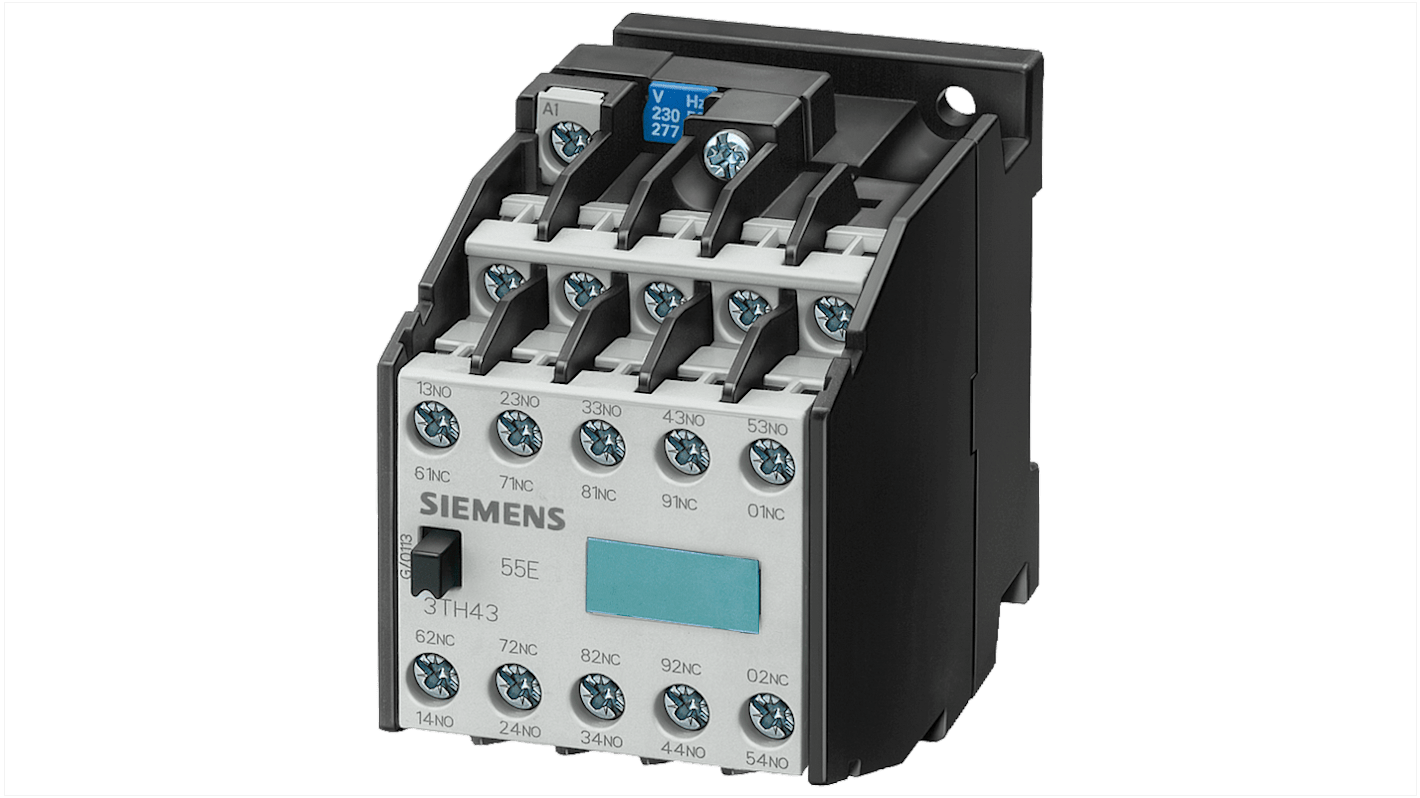 Contattore reversibile Siemens 3TH4310-0AP0, 10 poli, 6 A, tensione 230-277 V c.a., grado di protezione IP20.